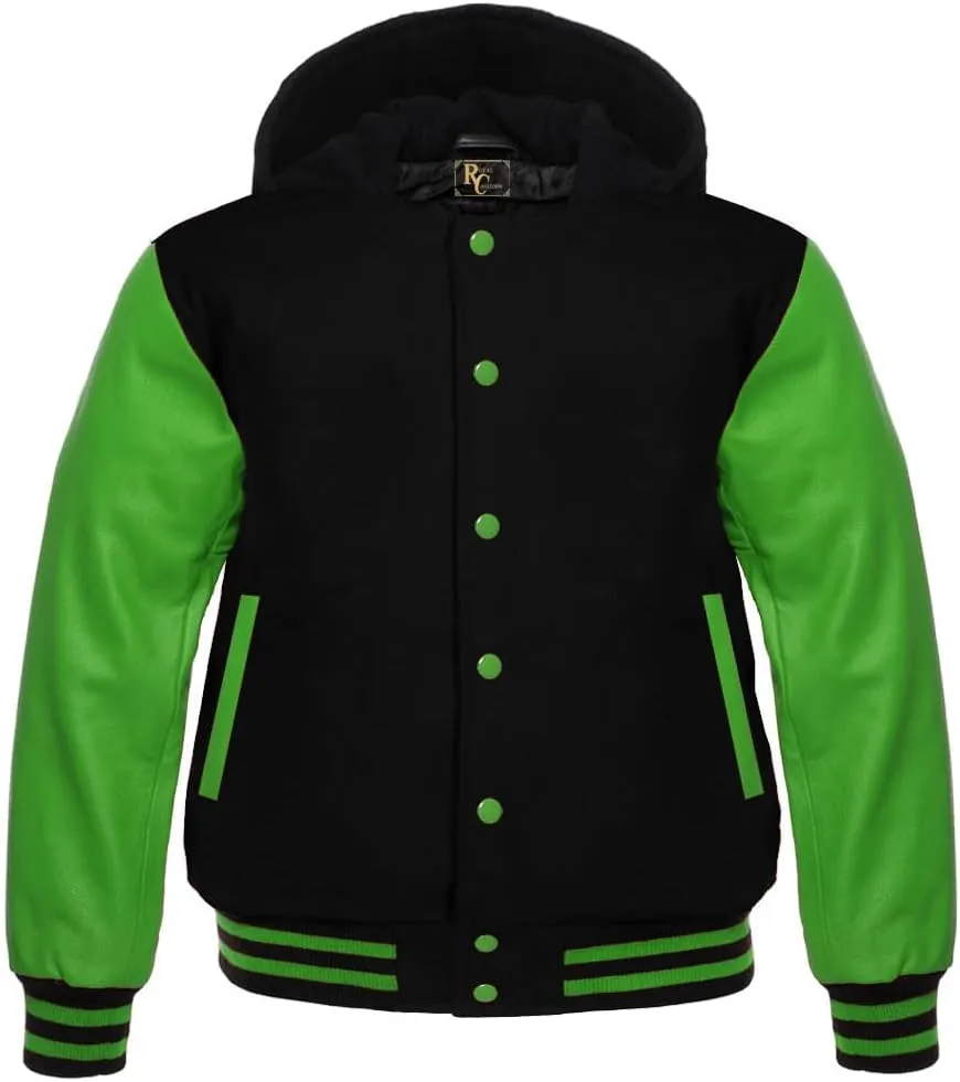 Man's Varsity Hoodie Letterman Wool & All Colour Genuine Cowhide Leather Sleeves Bomber Style Baseball Hood