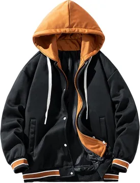 Men's Casual Varsity Jacket Hooded Vintage Lightweight Bomber Jackets Baseball Flight Hood Coat Windbreaker