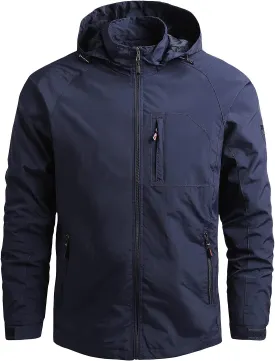 Men's Lightweight Shell Jacket Waterproof Windbreaker Rain Coat for Hiking Travel Climbing with Removable Hood