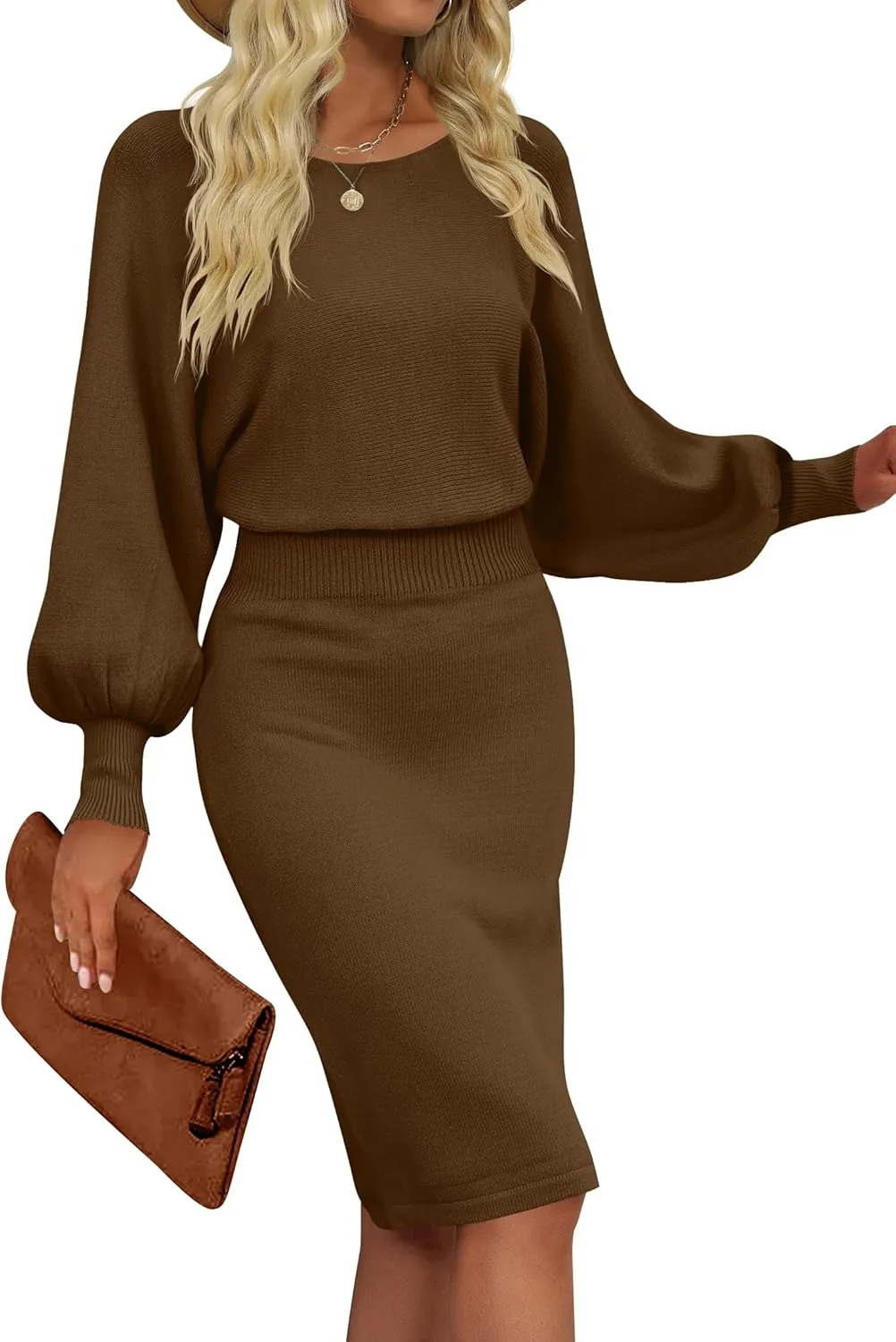 MIROL Women's Casual 2025 Long Puff Sleeve Solid Bodycon Midi Dress Ribbed Knit Oversized Pullover Sweater Dress