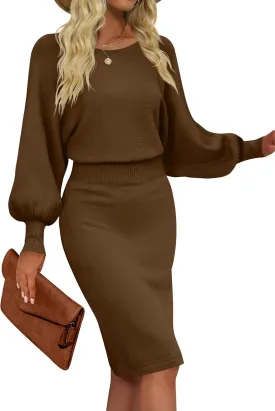 MIROL Women's Casual 2025 Long Puff Sleeve Solid Bodycon Midi Dress Ribbed Knit Oversized Pullover Sweater Dress