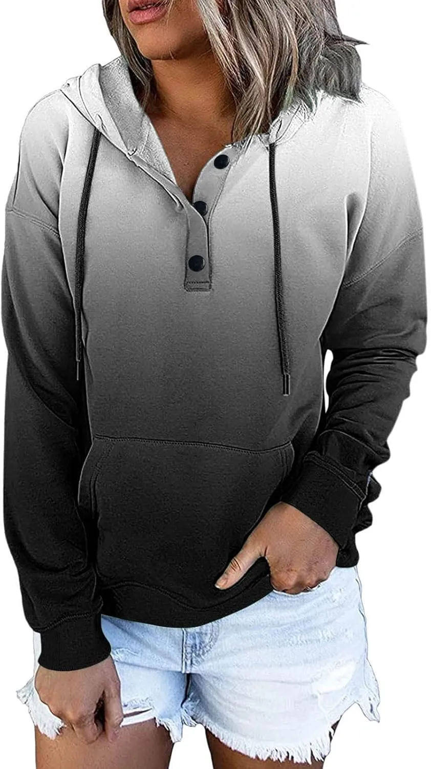 Muyise Womens 2023 Hooded Button Collar Drawstring Hoodies Pullover Sweatshirts Casual Long Sleeve Tops Shirts with Pocket