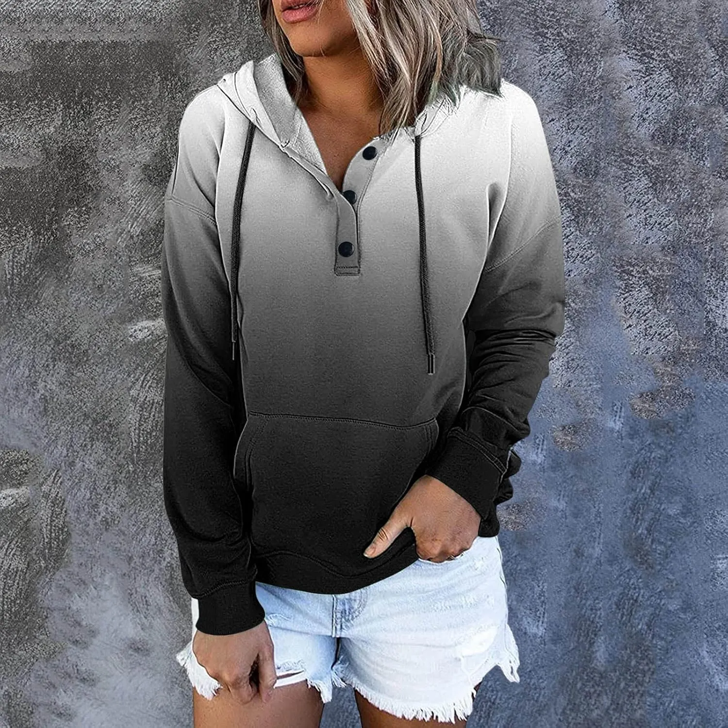 Muyise Womens 2023 Hooded Button Collar Drawstring Hoodies Pullover Sweatshirts Casual Long Sleeve Tops Shirts with Pocket