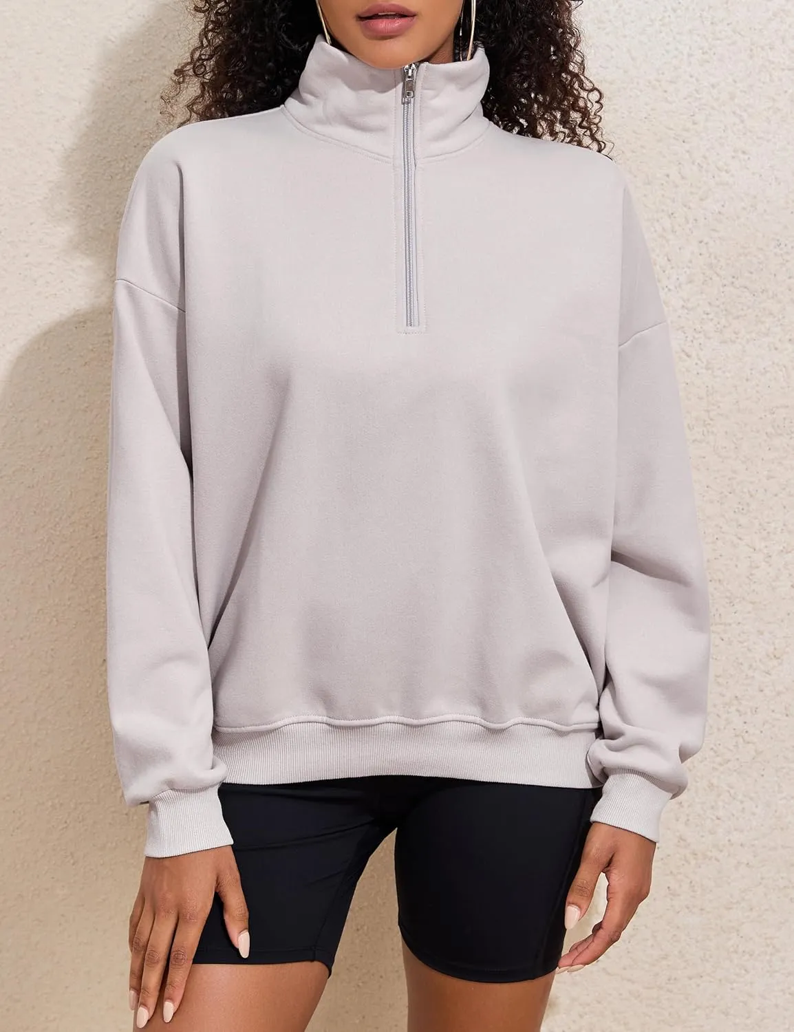 PrettyGuide Women's Lightweight Quarter Zip Oversized Sweatshirts Long Sleeve Fleece Pullover