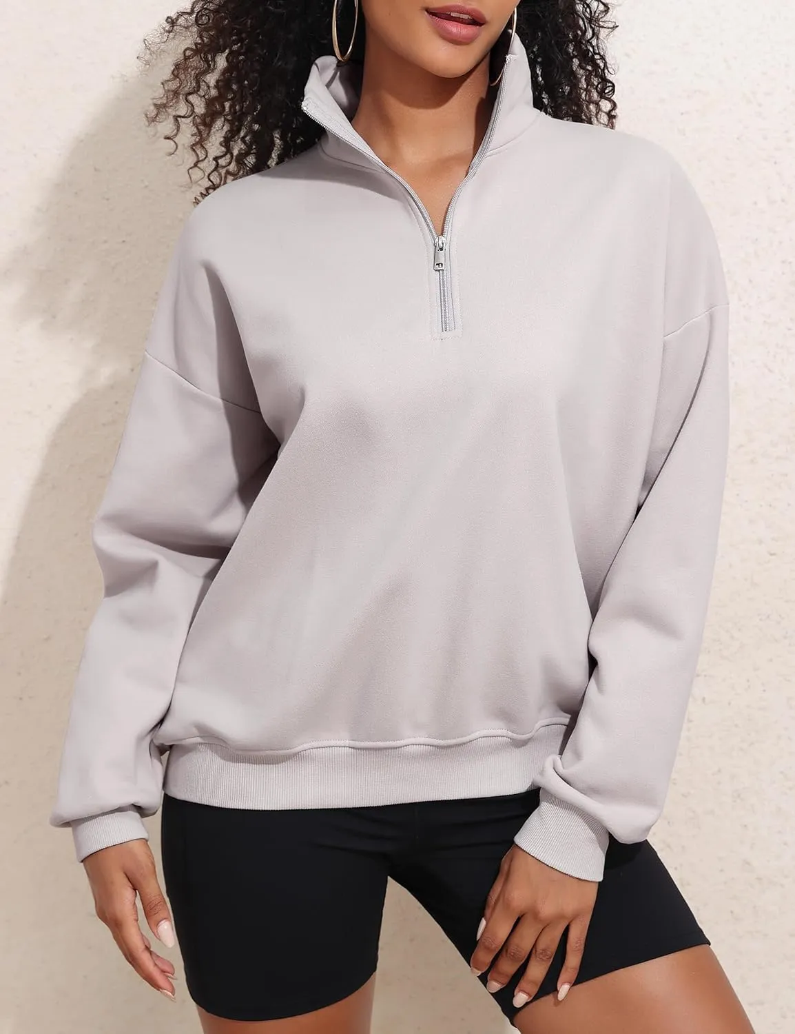 PrettyGuide Women's Lightweight Quarter Zip Oversized Sweatshirts Long Sleeve Fleece Pullover