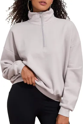 PrettyGuide Women's Lightweight Quarter Zip Oversized Sweatshirts Long Sleeve Fleece Pullover