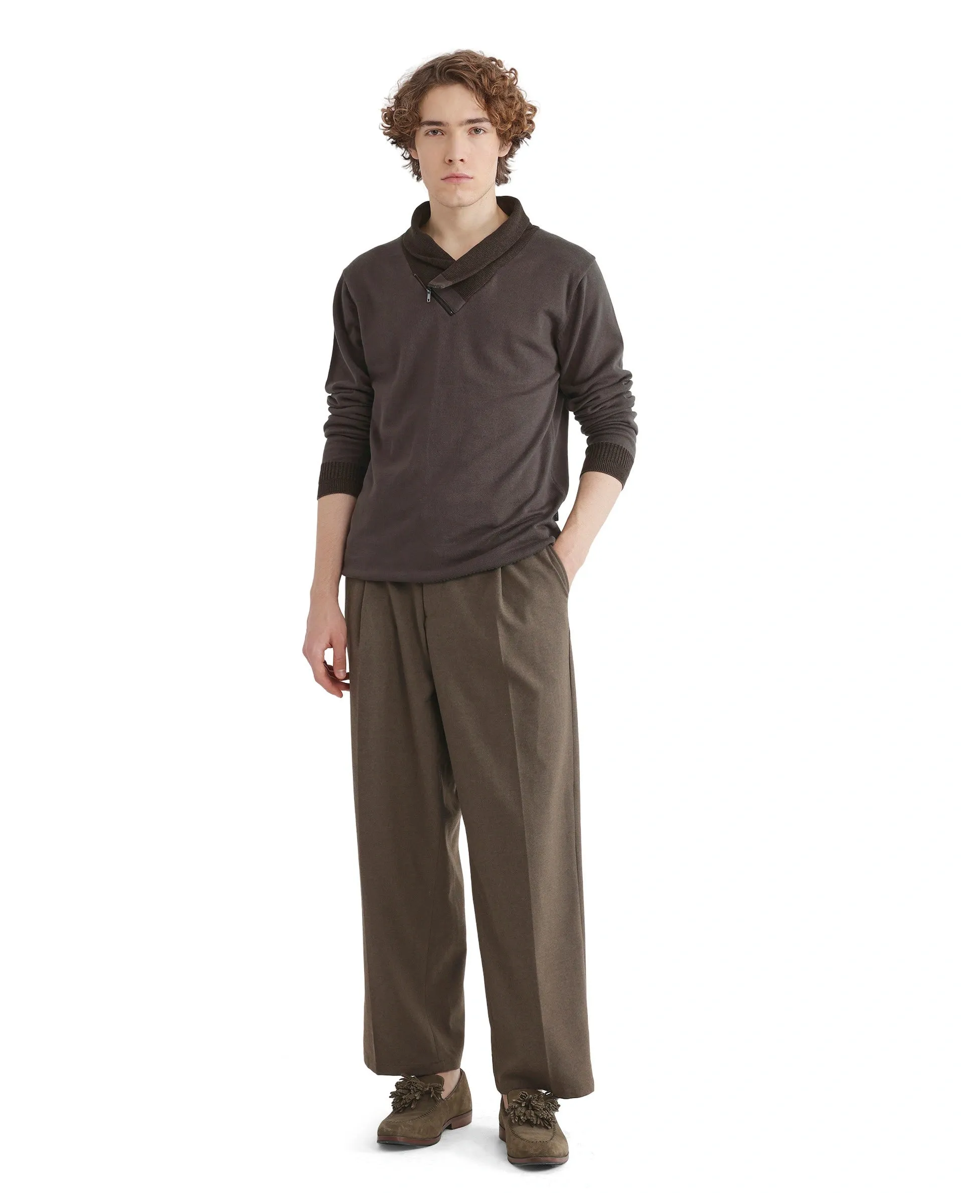Rare Rabbit Men's Lyzo Brown Full Sleeve Contrasting Cowl Neck Regular Fit Plain Sweater