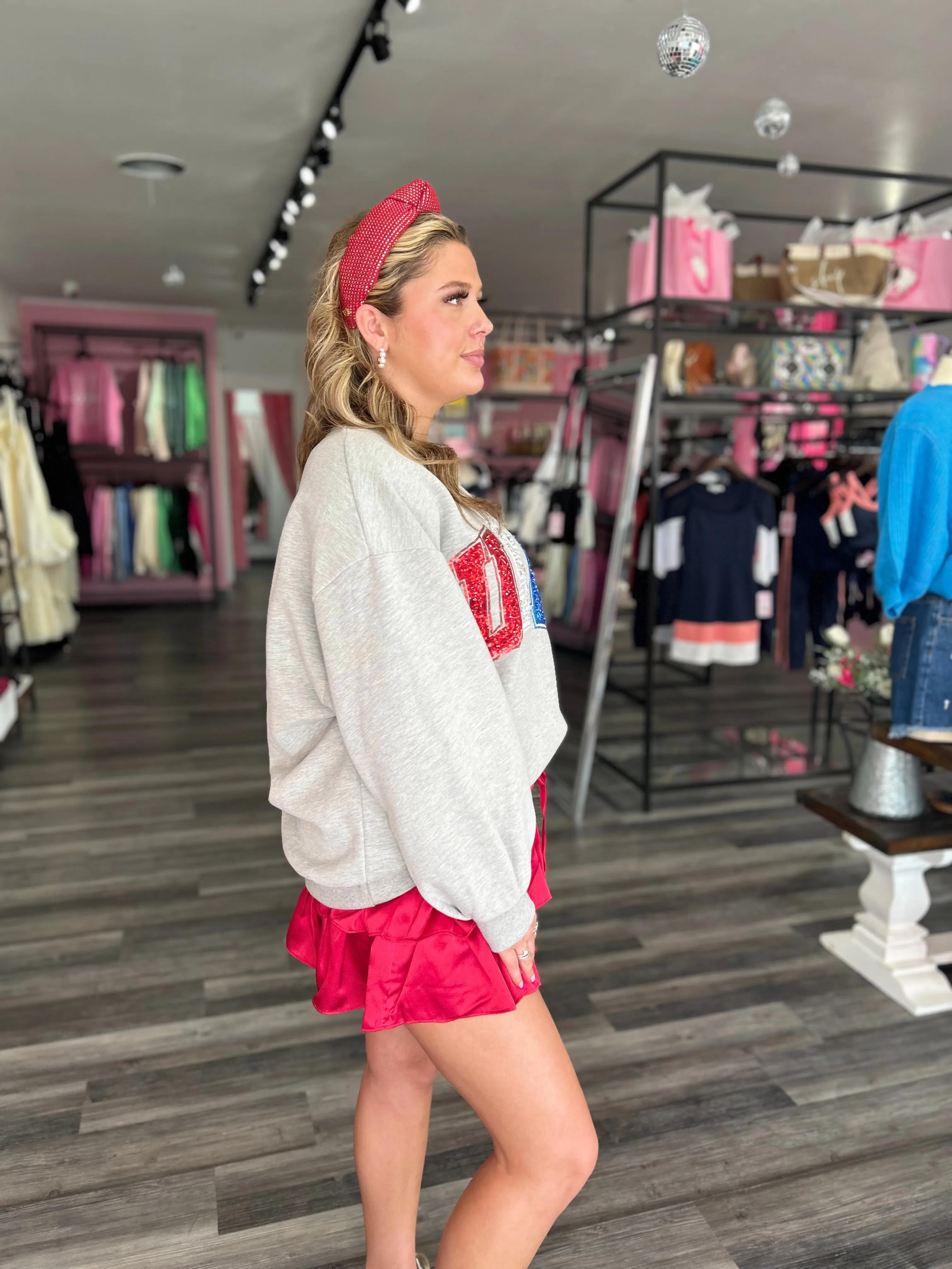 Rhinestone USA Sweatshirt - Grey [Queen of Sparkles]