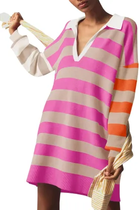 Saodimallsu Womens Striped Oversized Sweater Dress V Neck Collared Color Block Knit Long Sleeve Mini Dresses