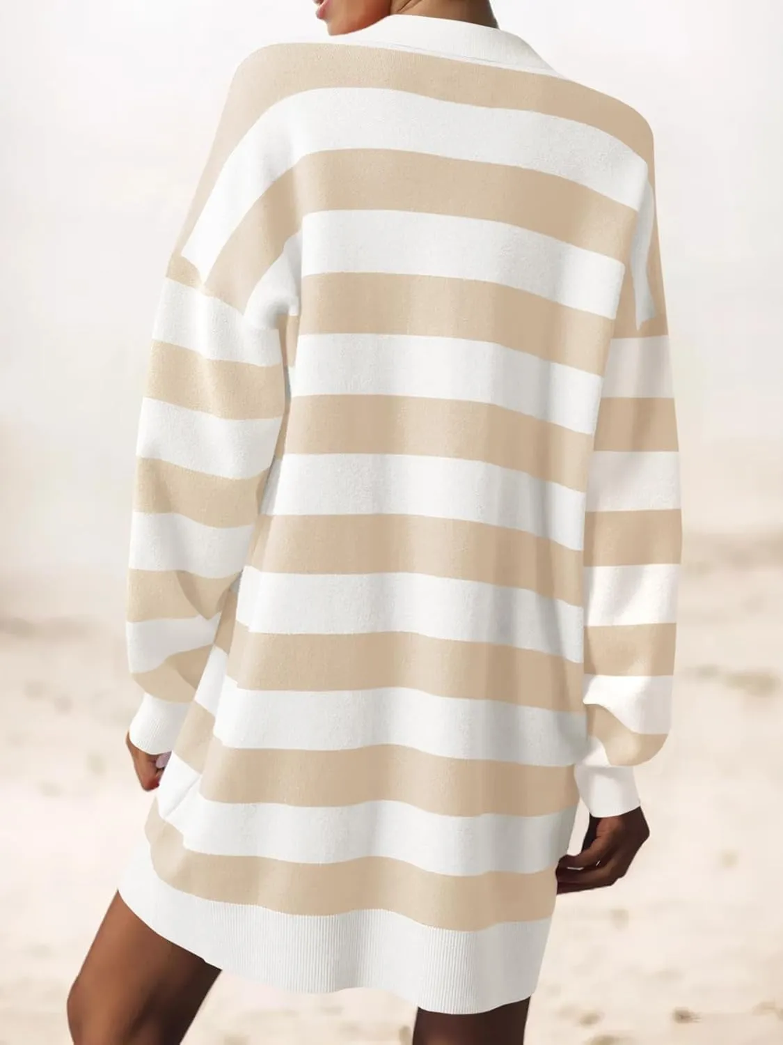Saodimallsu Womens Striped Oversized Sweater Dress V Neck Collared Color Block Knit Long Sleeve Mini Dresses