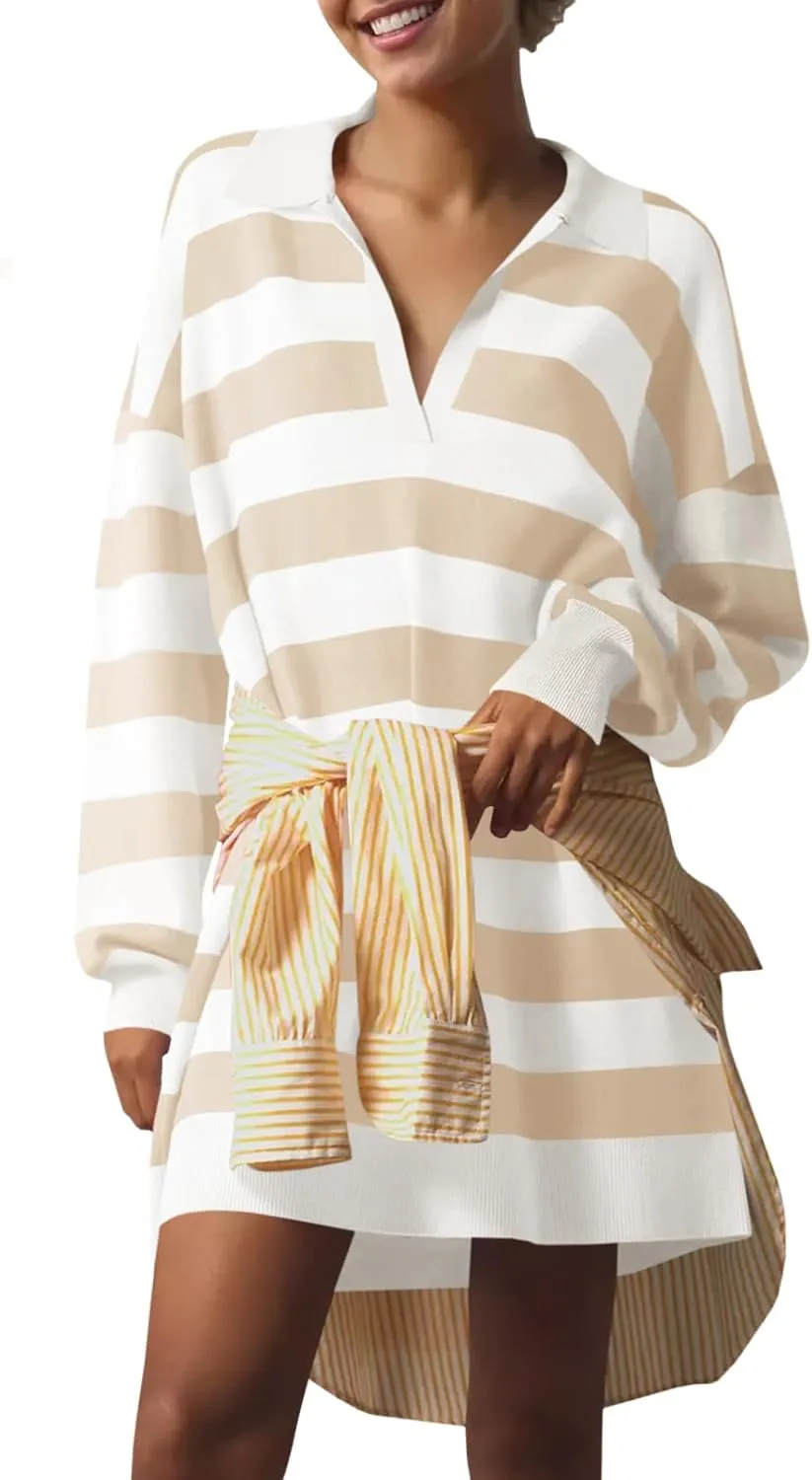 Saodimallsu Womens Striped Oversized Sweater Dress V Neck Collared Color Block Knit Long Sleeve Mini Dresses