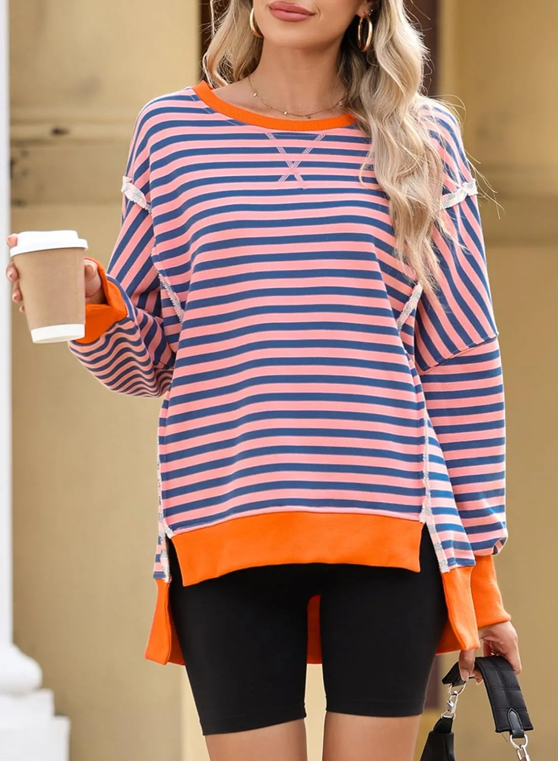 SHEWIN Womens Oversized Reverse Seam Sweatshirt Casual Long Sleeve Pullover Tops Lightweight Loose Crewneck Sweatshirts