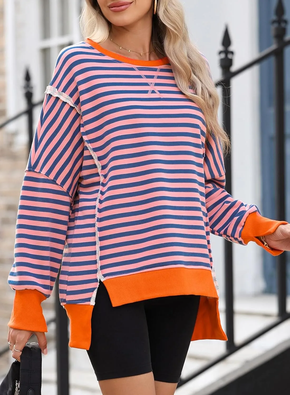 SHEWIN Womens Oversized Reverse Seam Sweatshirt Casual Long Sleeve Pullover Tops Lightweight Loose Crewneck Sweatshirts