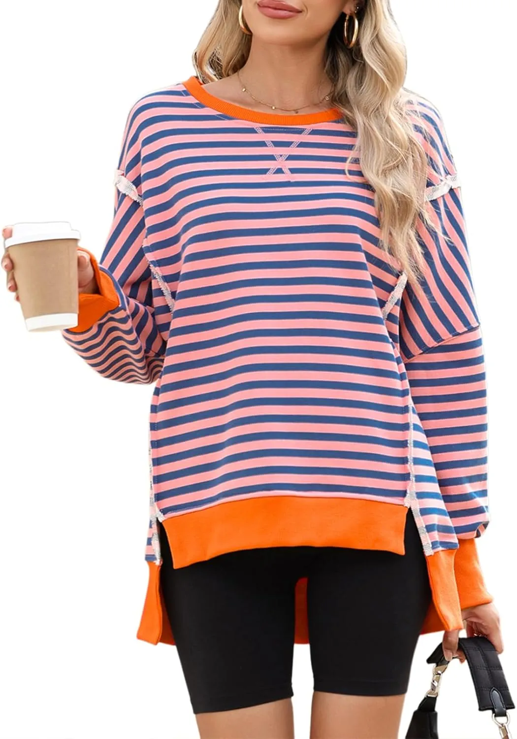 SHEWIN Womens Oversized Reverse Seam Sweatshirt Casual Long Sleeve Pullover Tops Lightweight Loose Crewneck Sweatshirts