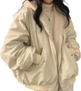 Sumleno Sherpa Jacket for Women Teen Girls Reversible Y2k Zip Up Hoodie Fleece Fur Grunge Winter Coat Cutecore Korean Clothes