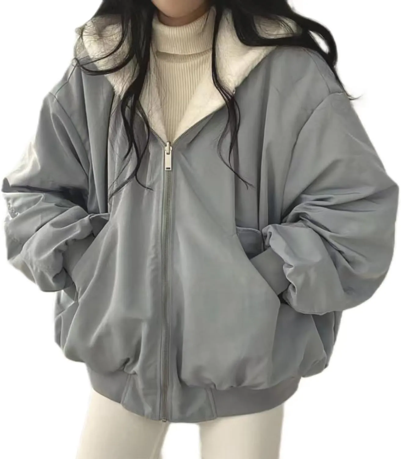 Sumleno Sherpa Jacket for Women Teen Girls Reversible Y2k Zip Up Hoodie Fleece Fur Grunge Winter Coat Cutecore Korean Clothes