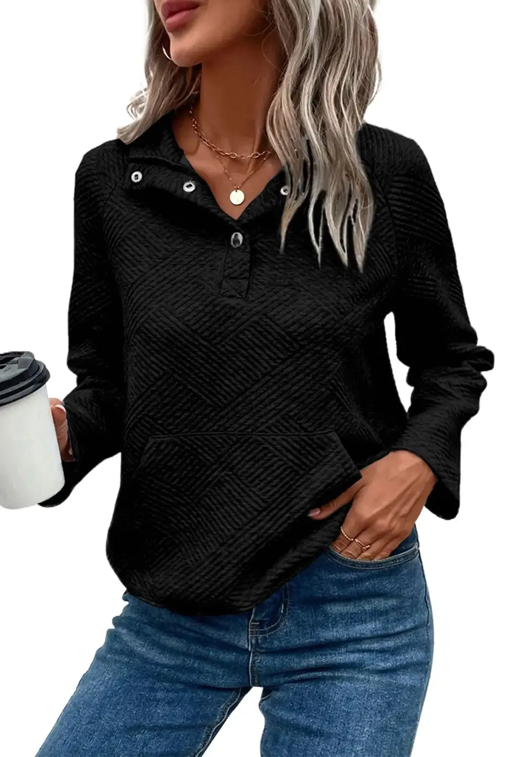 Textured Black Knit Hooded Sweatshirt