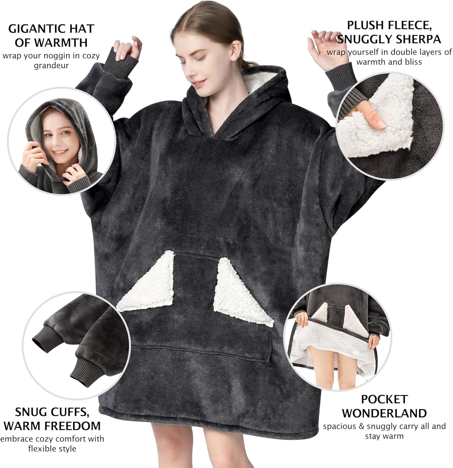 Touchat Wearable Blanket Hoodie, Oversized Sherpa Fleece Sweatshirt Blanket with Giant Hood Pocket and Sleeves for Adult, Warm & Cozy Grey Blanket Gifts for Women