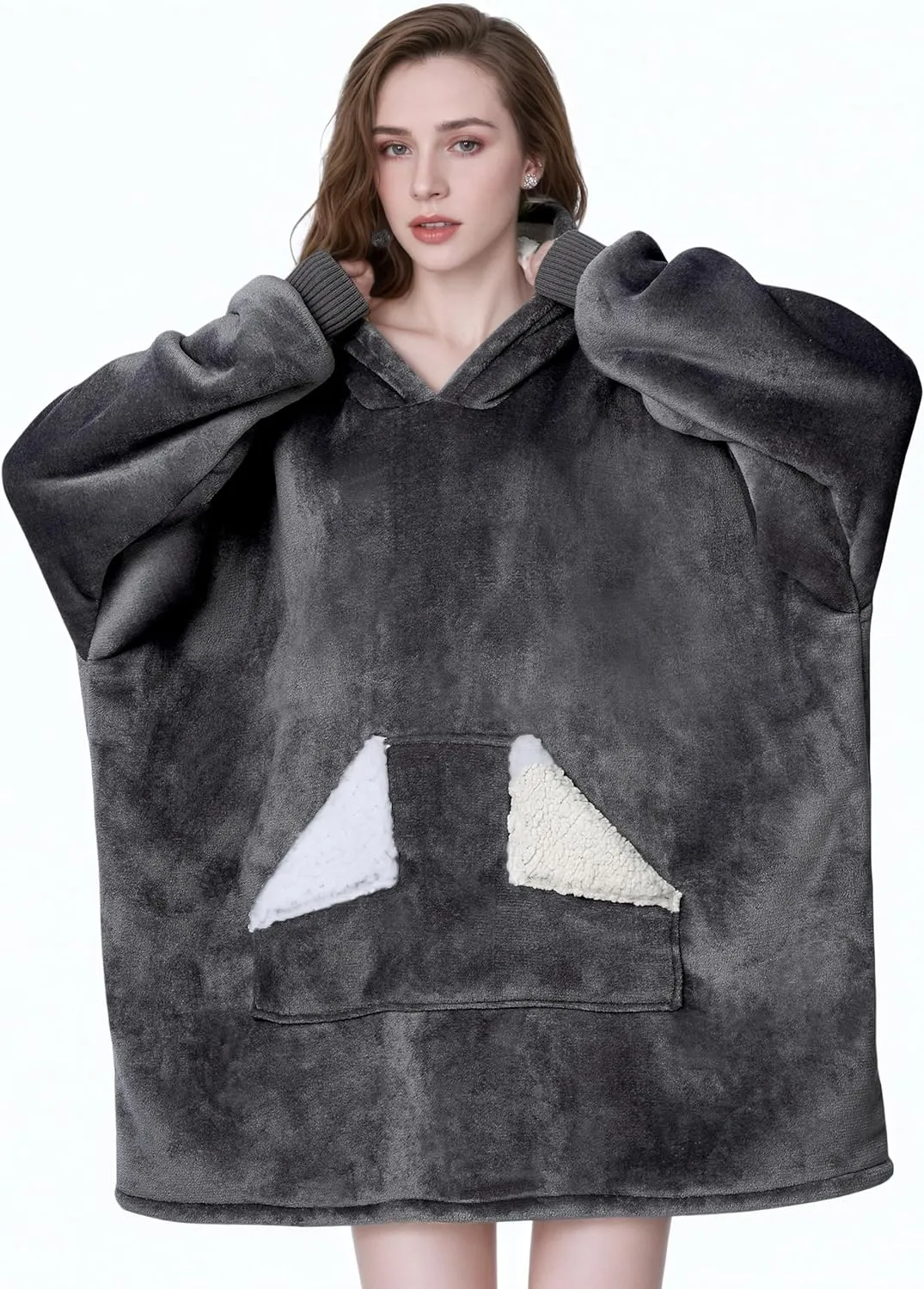 Touchat Wearable Blanket Hoodie, Oversized Sherpa Fleece Sweatshirt Blanket with Giant Hood Pocket and Sleeves for Adult, Warm & Cozy Grey Blanket Gifts for Women