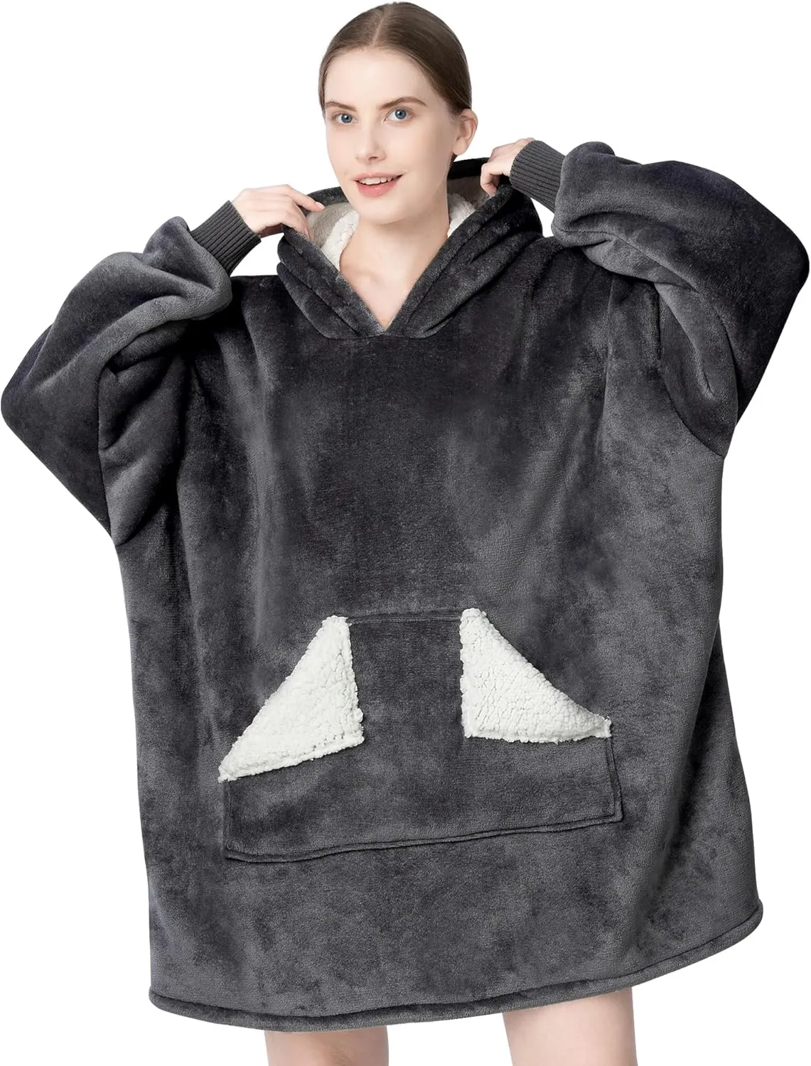 Touchat Wearable Blanket Hoodie, Oversized Sherpa Fleece Sweatshirt Blanket with Giant Hood Pocket and Sleeves for Adult, Warm & Cozy Grey Blanket Gifts for Women