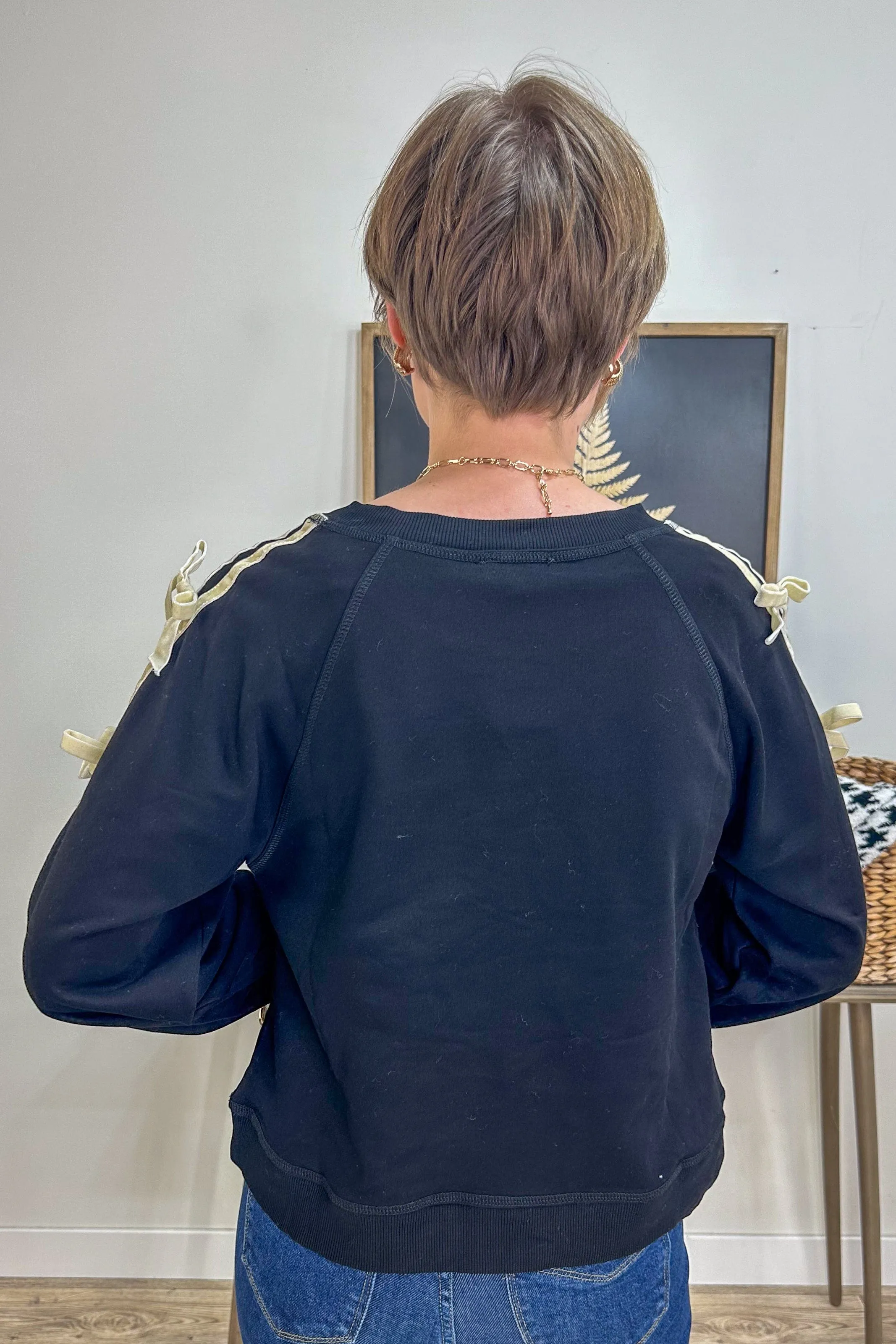 Elegant Black Velvet Sweatshirt with Bow Sleeve Detail