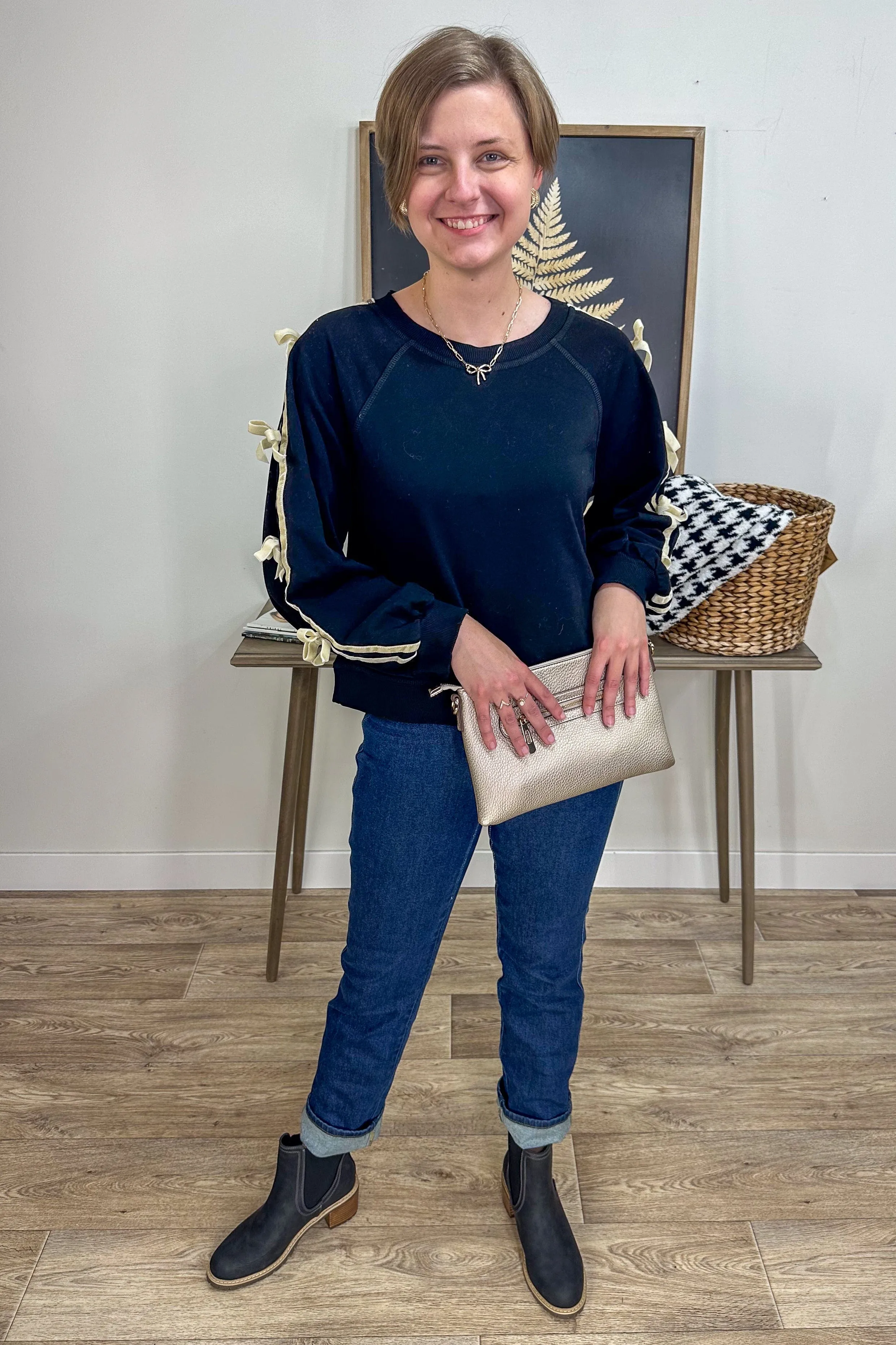 Elegant Black Velvet Sweatshirt with Bow Sleeve Detail