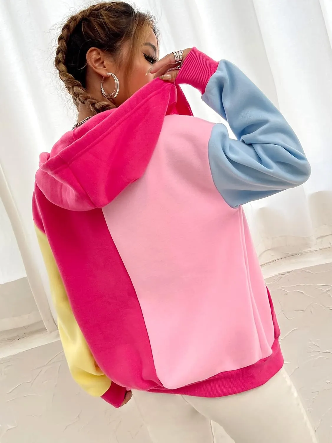 WDIRARA Women's Color Block Zip Front Drawstring Long Sleeve Hoodie Pocket Sweatshirt