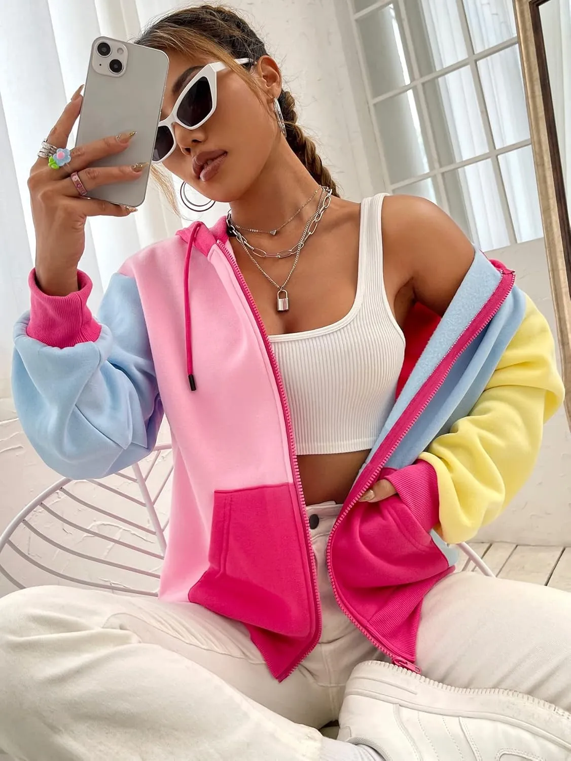 WDIRARA Women's Color Block Zip Front Drawstring Long Sleeve Hoodie Pocket Sweatshirt
