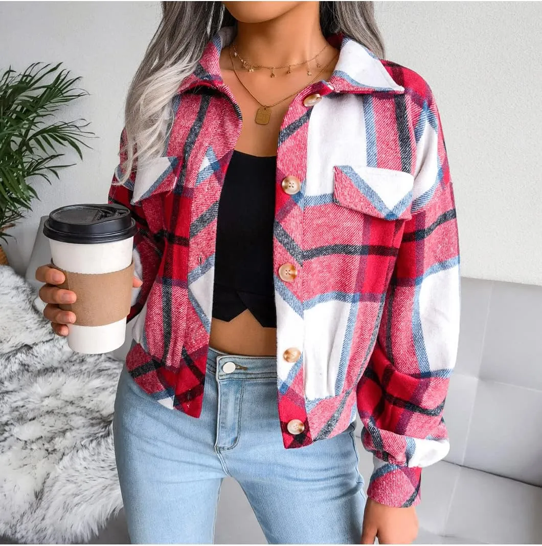 Womens Casual Plaid Shacket Long Sleeve Wool Blend Button Down Shirt Jacket Tops