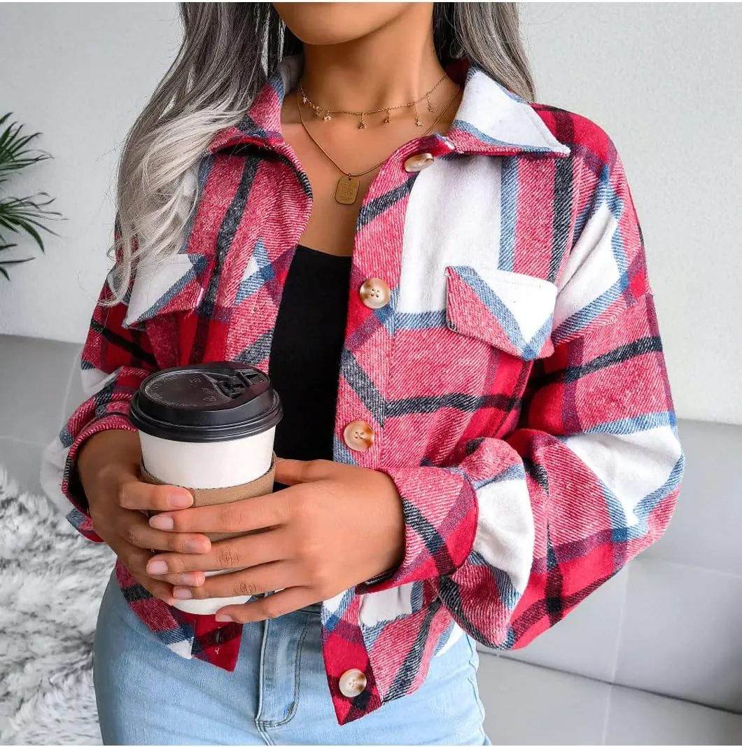 Womens Casual Plaid Shacket Long Sleeve Wool Blend Button Down Shirt Jacket Tops