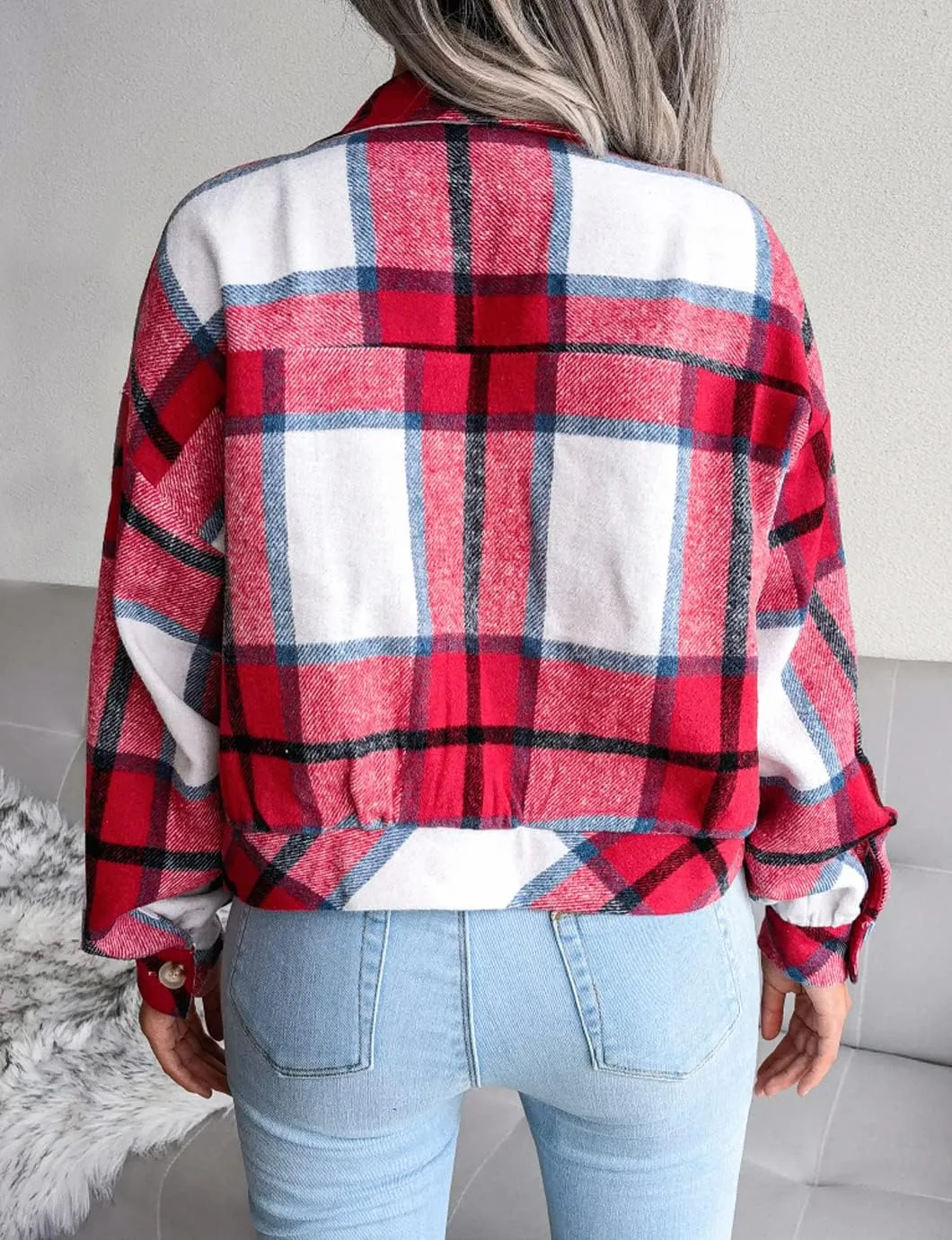 Womens Casual Plaid Shacket Long Sleeve Wool Blend Button Down Shirt Jacket Tops
