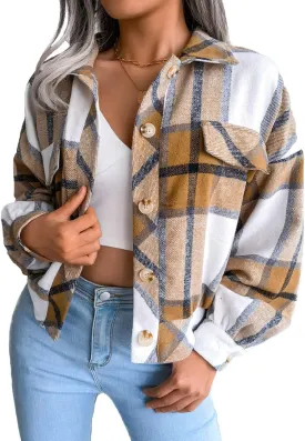 Womens Casual Plaid Shacket Long Sleeve Wool Blend Button Down Shirt Jacket Tops