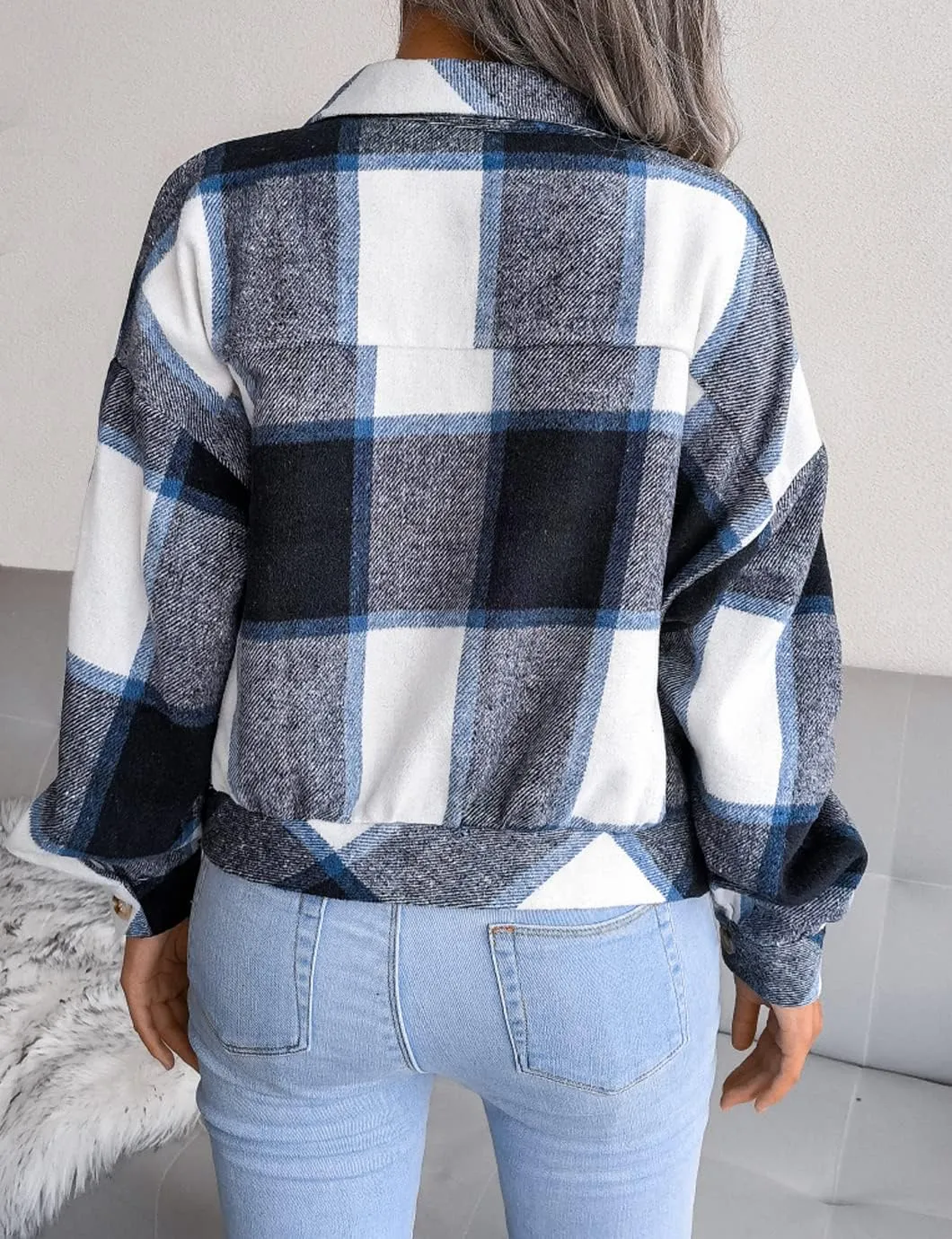 Womens Casual Plaid Shacket Long Sleeve Wool Blend Button Down Shirt Jacket Tops