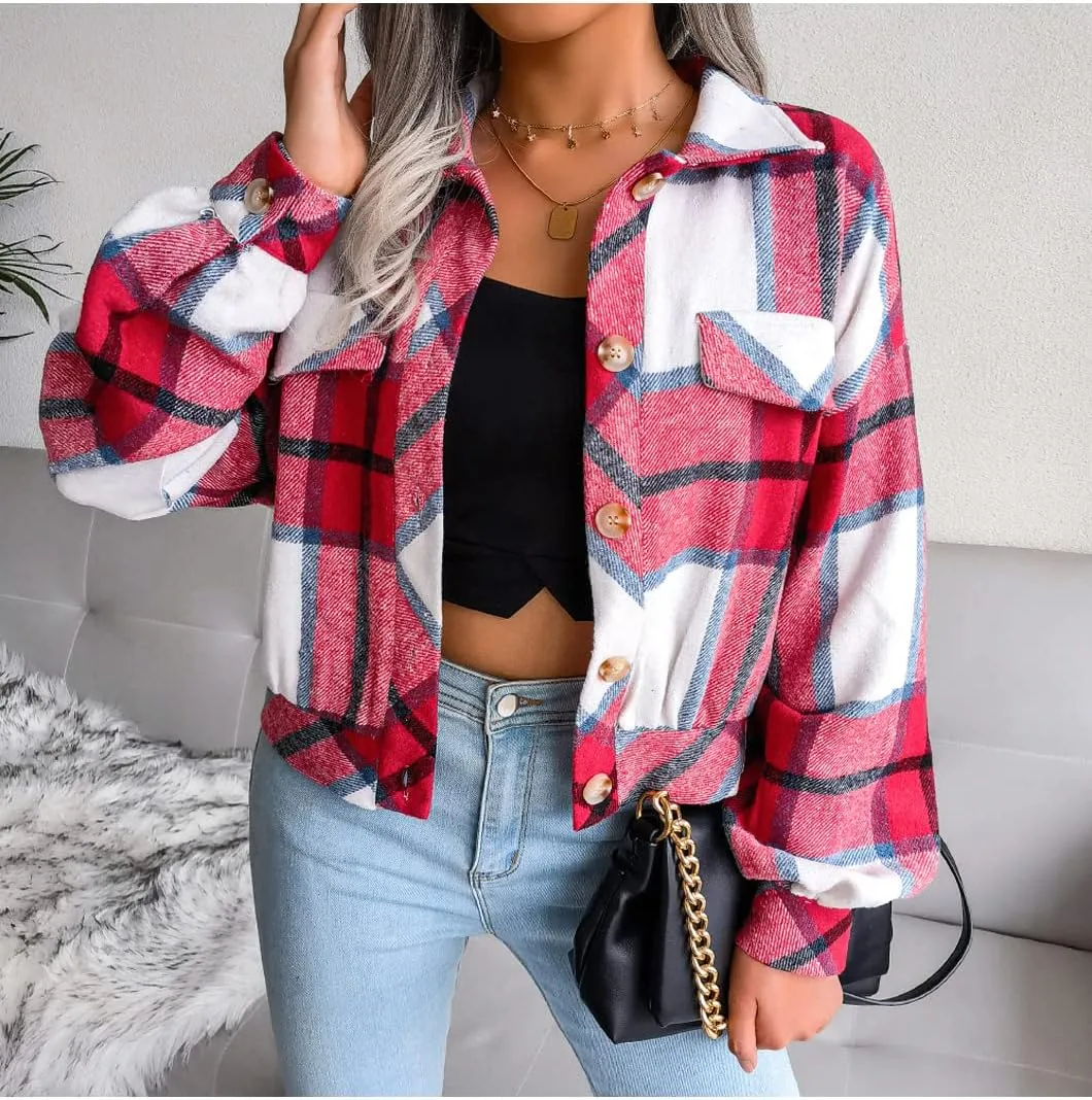 Womens Casual Plaid Shacket Long Sleeve Wool Blend Button Down Shirt Jacket Tops