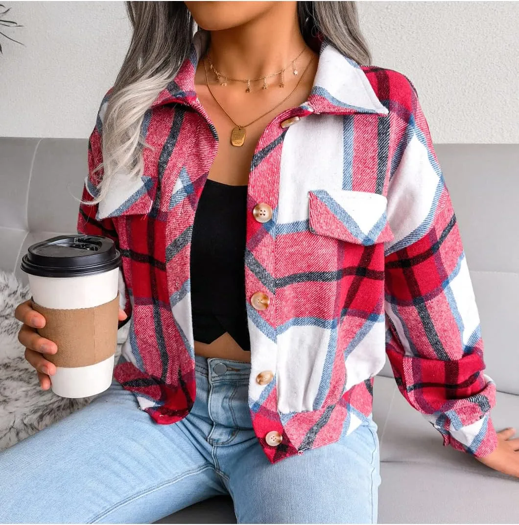 Womens Casual Plaid Shacket Long Sleeve Wool Blend Button Down Shirt Jacket Tops