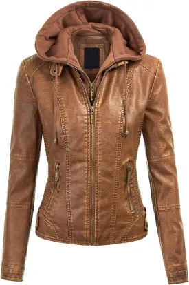 Women's Faux Leather Motorcyle Biker Jacket with Removable Hoodie