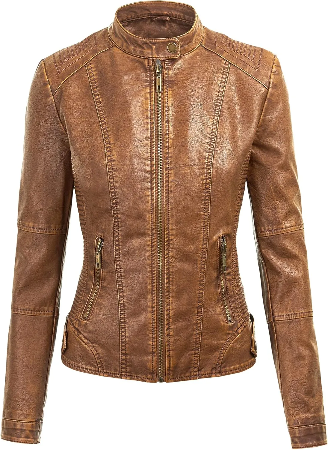 Women's Faux Leather Motorcyle Biker Jacket with Removable Hoodie