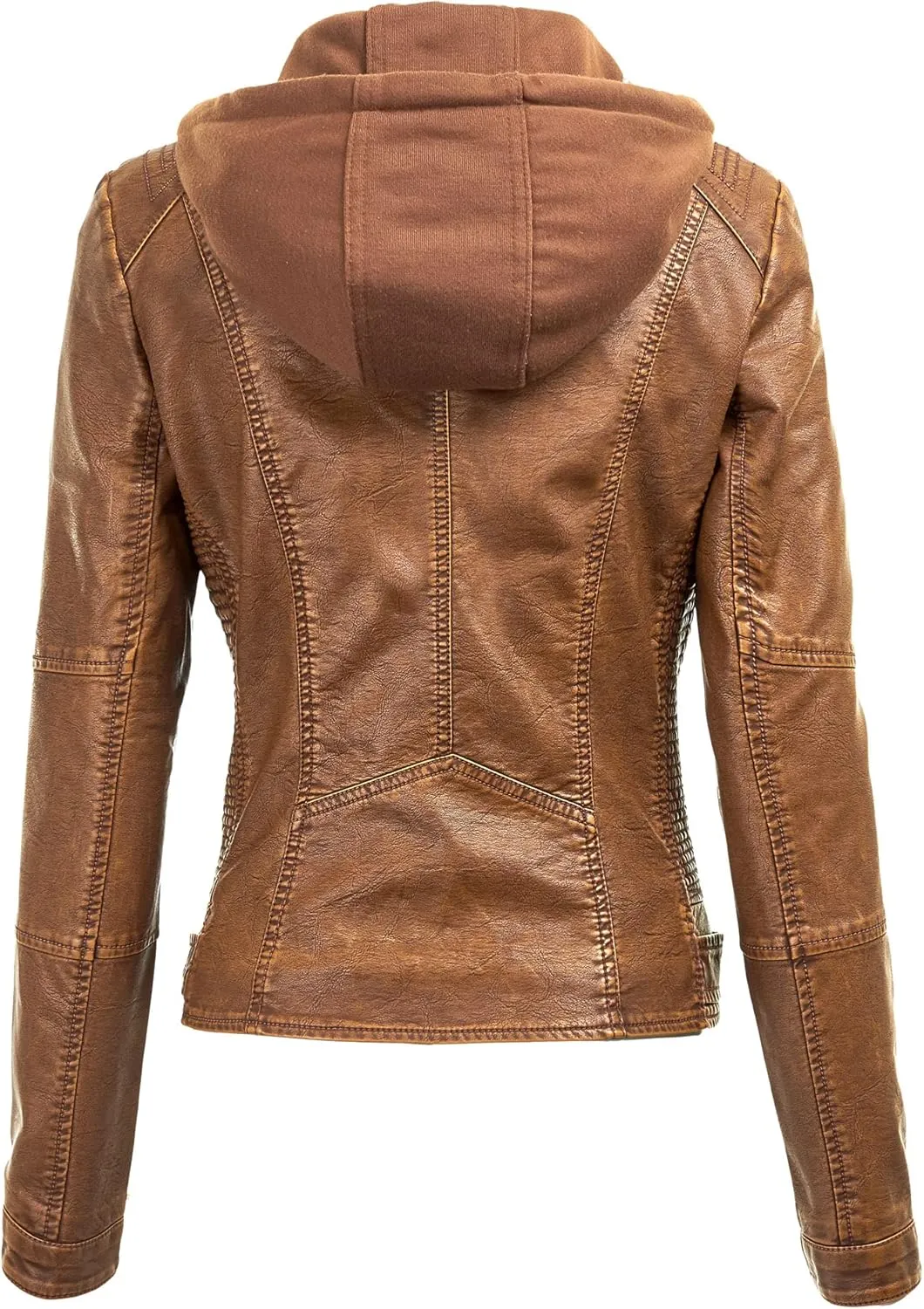 Women's Faux Leather Motorcyle Biker Jacket with Removable Hoodie
