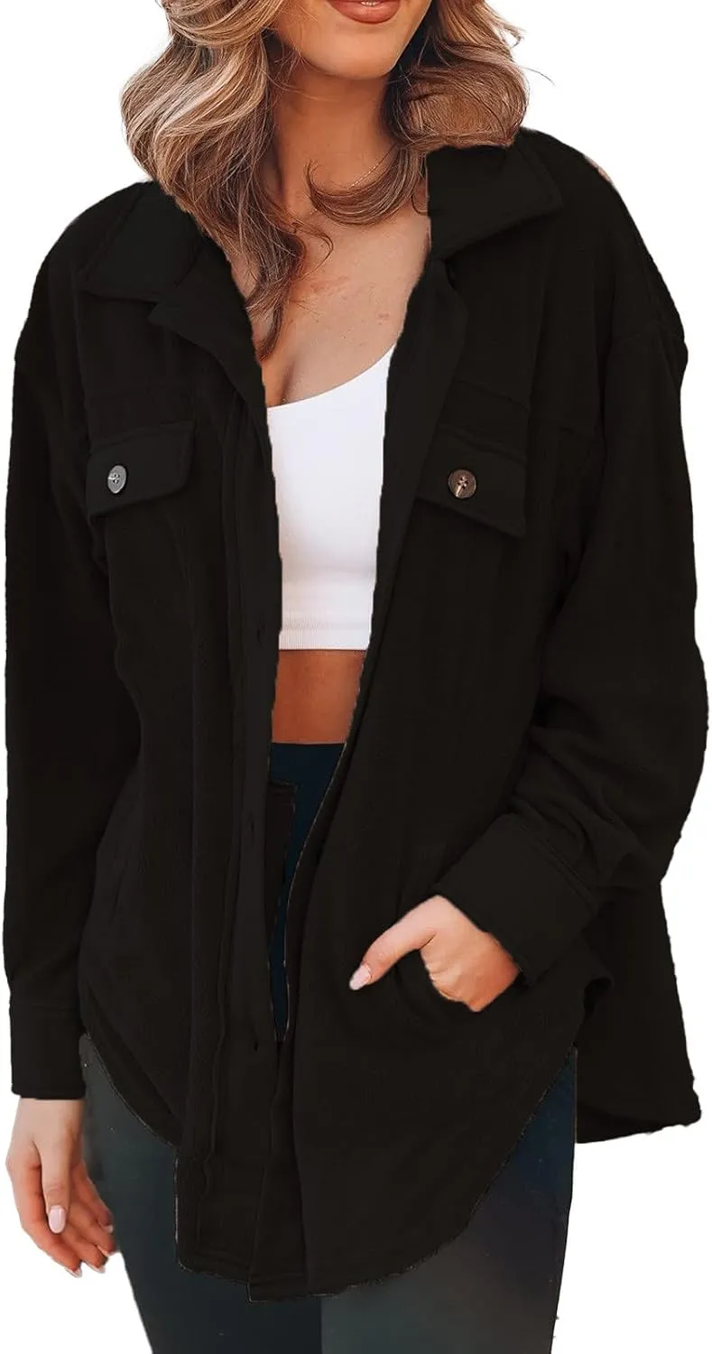 Womens Fleece Button Down Shacket Jacket Shirts Lapel Collar Long Sleeve Boyfriend Tops Casual Loose Fall Blouses