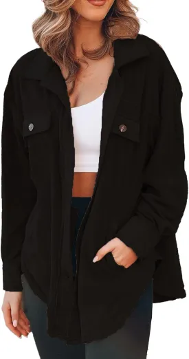 Womens Fleece Button Down Shacket Jacket Shirts Lapel Collar Long Sleeve Boyfriend Tops Casual Loose Fall Blouses
