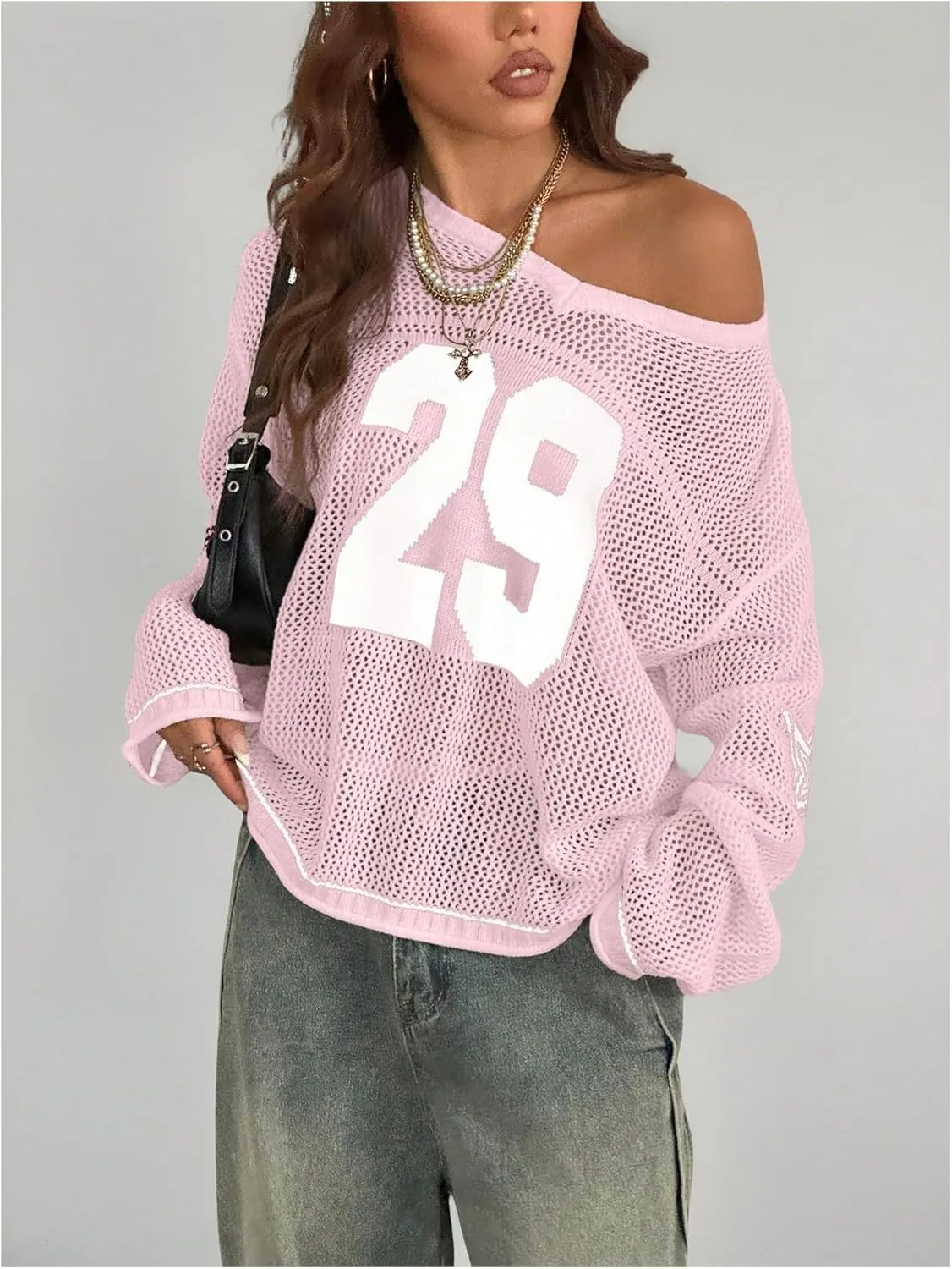 Women's Number Letter Graphic Sweater Hollow Out Crochet V Neck Pullover Long Sleeve Oversized Knit Tops