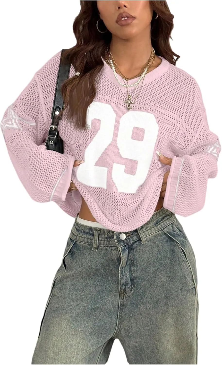 Women's Number Letter Graphic Sweater Hollow Out Crochet V Neck Pullover Long Sleeve Oversized Knit Tops