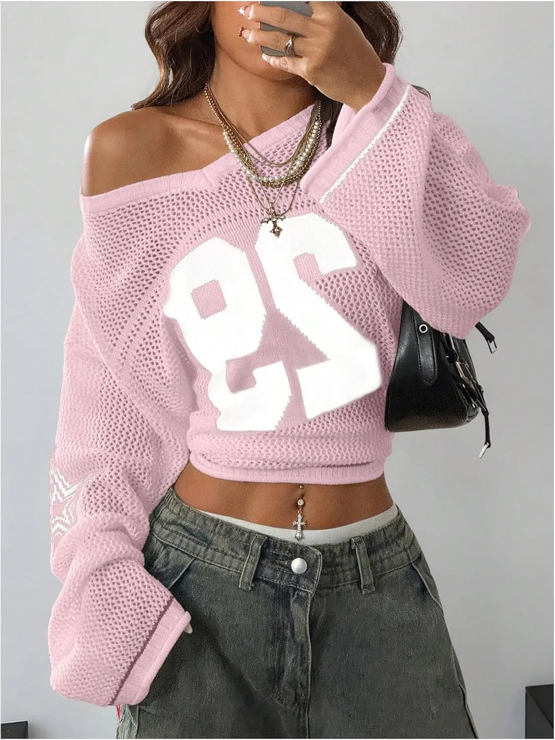 Women's Number Letter Graphic Sweater Hollow Out Crochet V Neck Pullover Long Sleeve Oversized Knit Tops