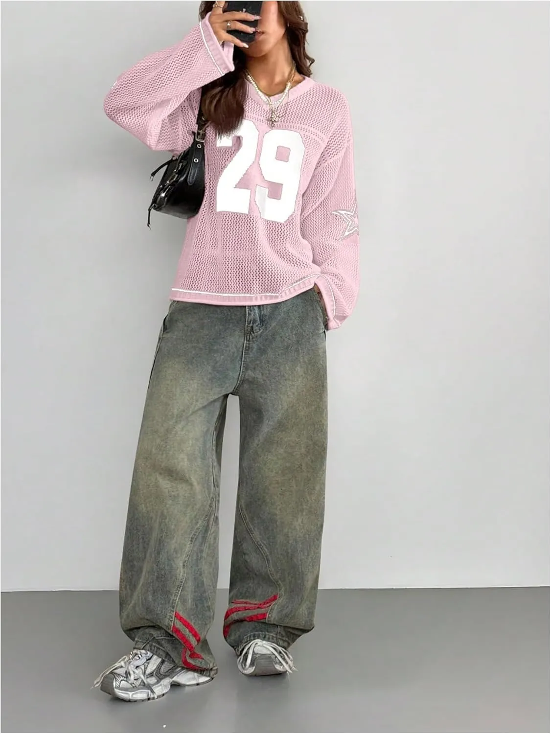 Women's Number Letter Graphic Sweater Hollow Out Crochet V Neck Pullover Long Sleeve Oversized Knit Tops