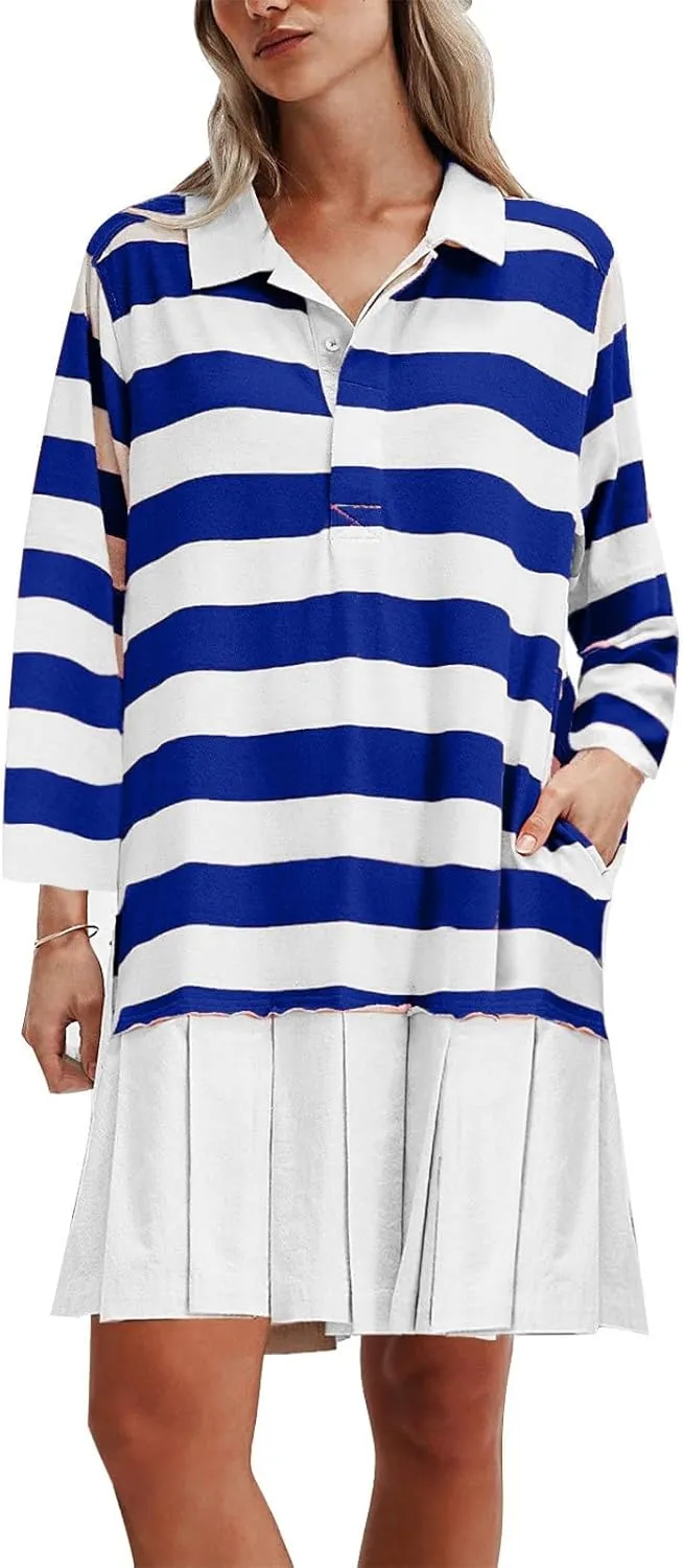 Womens Striped Sweatshirt Dresses Long Sleeve V Neck Casual Oversized Patchwork Pleated Mini Dress