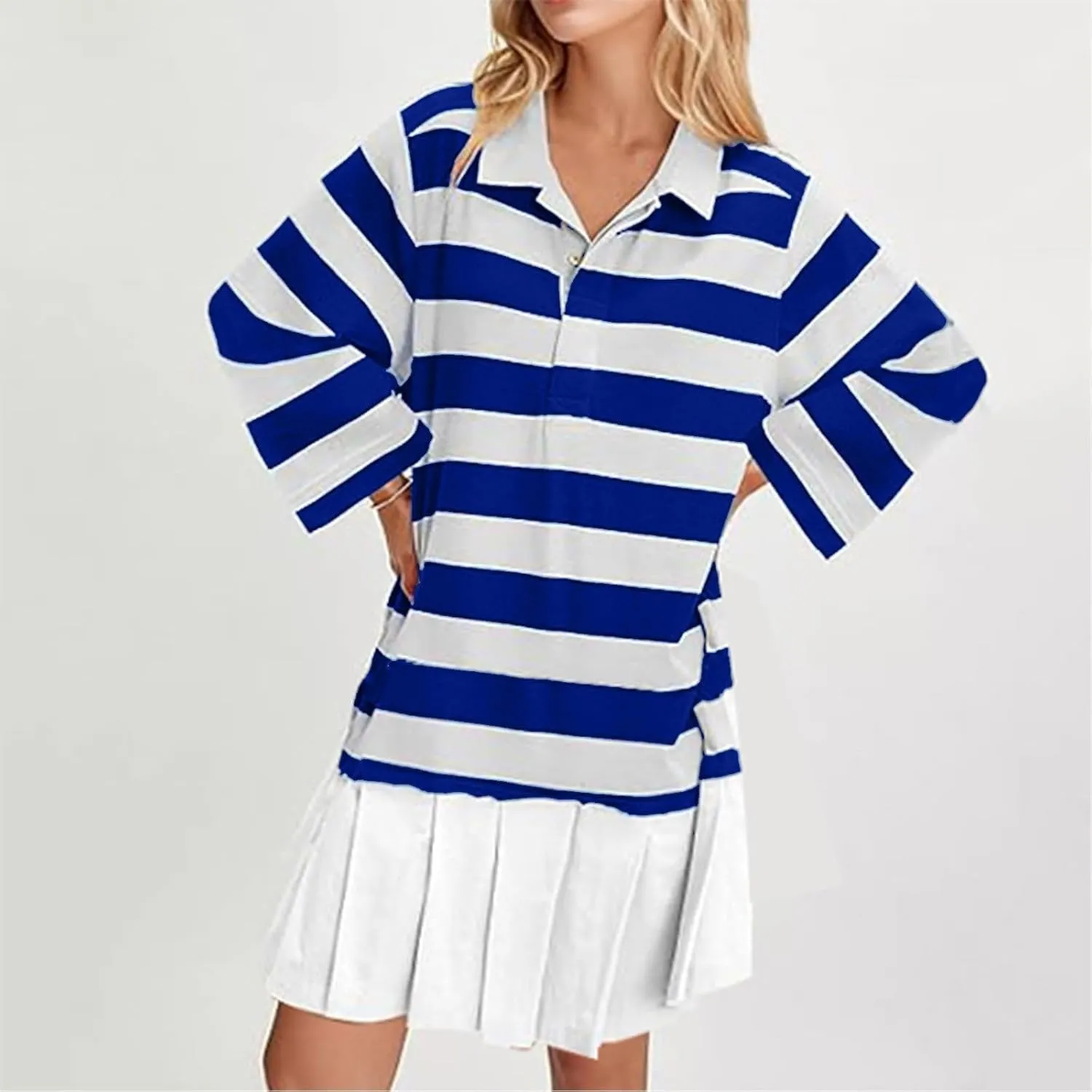 Womens Striped Sweatshirt Dresses Long Sleeve V Neck Casual Oversized Patchwork Pleated Mini Dress