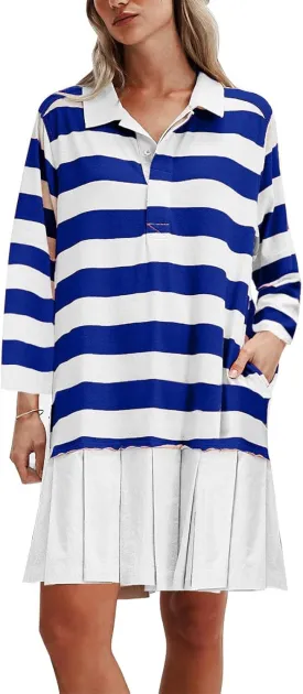 Womens Striped Sweatshirt Dresses Long Sleeve V Neck Casual Oversized Patchwork Pleated Mini Dress