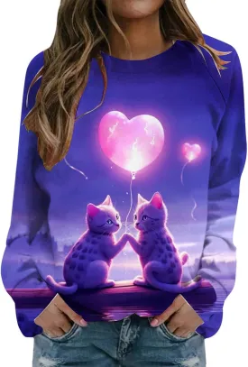 Womens Valentine's Day Sweatshirt Casual Love Heart Graphic Shirt Round Neck Pullover Cute Tops Long Sleeve Hoodie