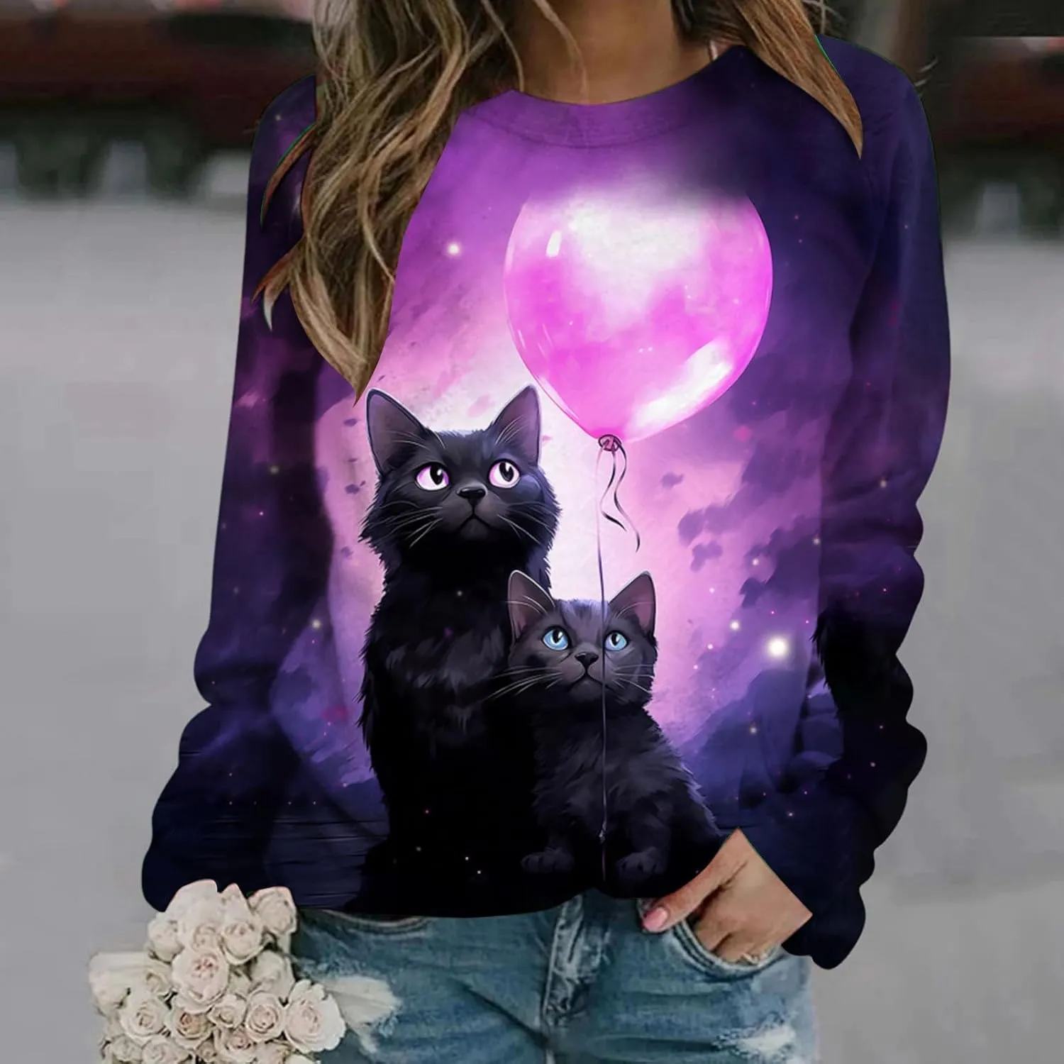 Womens Valentine's Day Sweatshirt Casual Love Heart Graphic Shirt Round Neck Pullover Cute Tops Long Sleeve Hoodie
