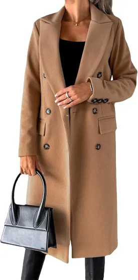 Women's Winter Jacket Double-Breasted Wool Blend Warm Outwear Long Trench Casual Coat